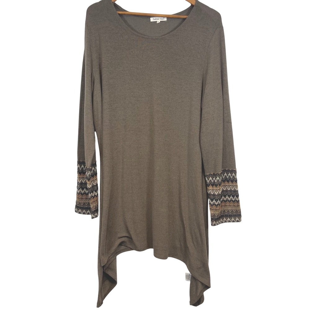 Indigo Soul Womens 2XL Tunic Top Handkerchief Hem Lagenlook Aztec Embroider Cuff